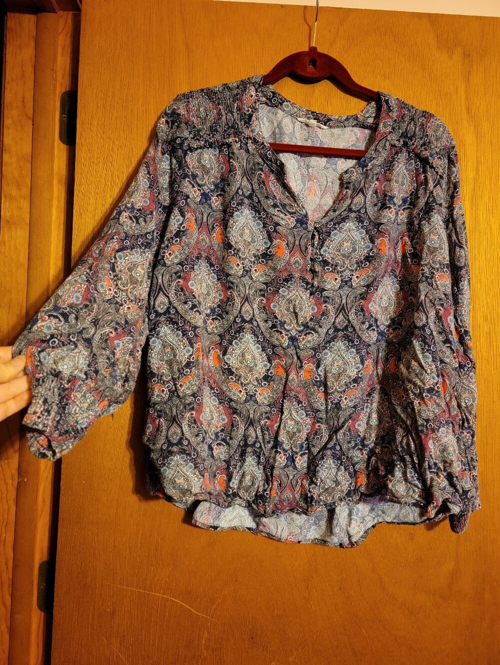 Navy Paisley Button V-Neck Blouse